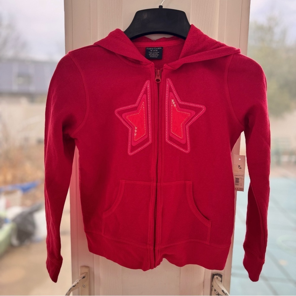 Faded Glory Girls M 7/8 Red Cotton Blend Zip Hoodie Star Applique Sweatshirt